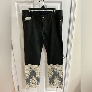 Elegant Black Lace Trim Straight Leg Jeans Handmade